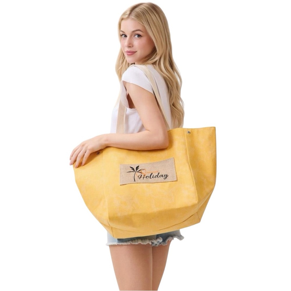New 2 in 1 Yellow SUMMER Holiday Embroidered Palm Tree 22” Burlap Tote Beach Bag